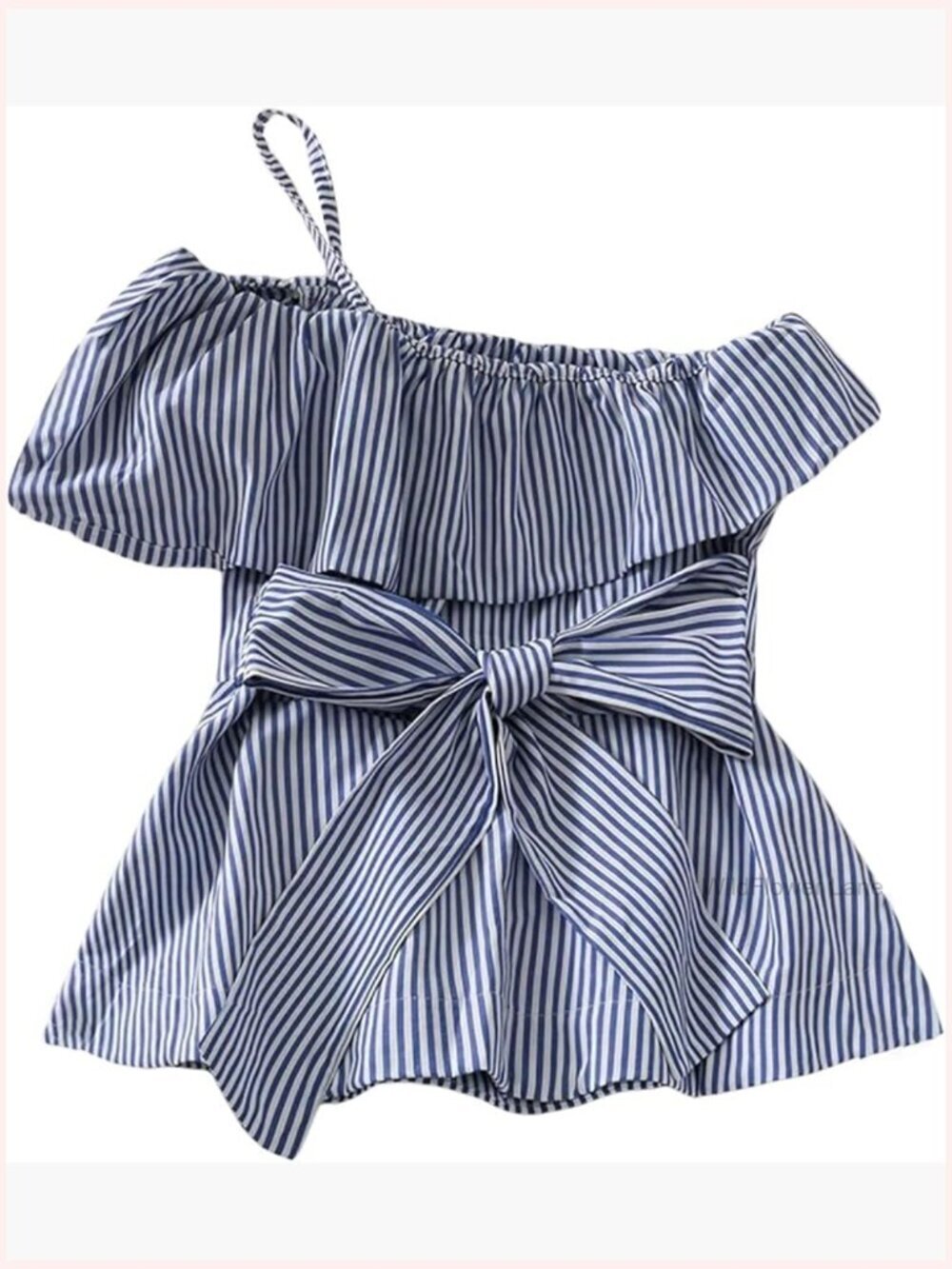 Striped One Shoulder Ruffled Peplum Blouse Short Sleeve Belted Top
